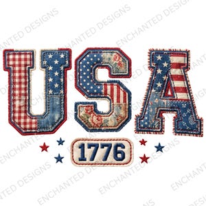 May include: A patriotic design spelling "USA" in a patchwork style with red, white, and blue patterns. Includes the number "1776" and star accents, all with a stitched border. The design evokes a vintage, Americana theme.