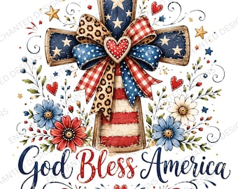 God Bless America Cross PNG, Patriotic Christian Sublimation Design, American Flag Cross Bow, 4th of July Digital Download