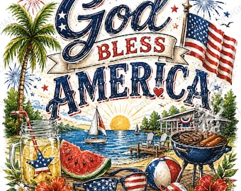 God Bless America PNG, Patriotic Summer Sublimation Design, 4th of July Beach Graphic, American Flag BBQ Shirt Download