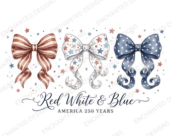 Red White & Blue America 250 Years PNG | Patriotic Coquette Bow Design | Retro 4th of July Sublimation Download