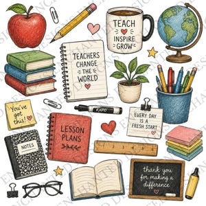 Może przedstawiać: Kolekcja ilustracji o tematyce szkolnej, w tym czerwone jabłko, żółty ołówek, kubek z napisem TEACH INSPIRE GROW, globus, stos książek, notatnik z napisem TEACHERS CHANGE THE WORLD, roślina doniczkowa, kubek na przybory, karteczki samoprzylepne, linijka i tablica z napisem thank you for making a difference.