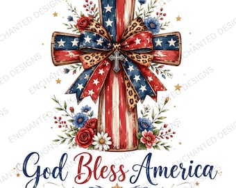 God Bless America PNG, Patriotic Cross Sublimation Design, Christian American Flag Bow, 4th of July Digital Download
