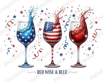 Red Wine and Blue PNG, Patriotic Wine Glass Design, 4th of July Sublimation, USA Wine Lover Clipart, Red White Blue Drink Digital Download