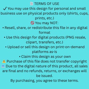 May include: A teal background with white text detailing terms of use for a digital design. The text outlines permitted and prohibited uses, including personal and small business applications on physical products. It also states that the purchase does not transfer copyright.