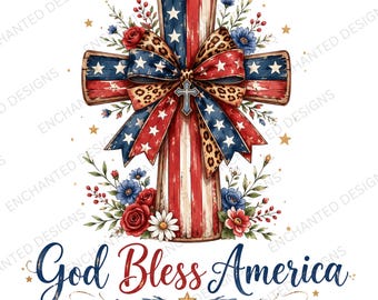 God Bless America Cross PNG, Patriotic Christian Sublimation Design, American Flag Cross, 4th of July Shirt Graphic