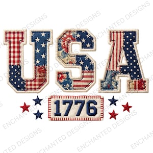 May include: Embroidered design spelling "USA" with patriotic patterns, including stars, stripes, and floral prints. Below, a rectangular patch reads "1776" in navy blue, with scattered red and blue stars. The design is on a white background.