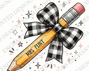 Personalized Teacher Pencil, Custom Teacher Name Canva Template, Buffalo Plaid Bow Teacher Design, Editable Teacher Shirt PNG, Appreciation