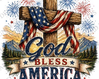 od Bless America Cross PNG, Patriotic Christian Sublimation Design, American Flag Cross, 4th of July Shirt Graphic