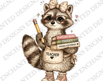 Teacher Raccoon PNG, Whimsical Teacher Raccoon Graphic, Cute Teacher Shirt Design, Hand Drawn Teacher Sublimation, Back to School Raccoon