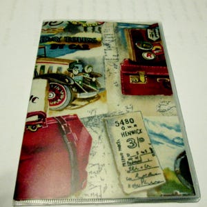 May include: A vintage travel themed passport holder with a red suitcase, a vintage car, and a train ticket that reads "5480 G.W.R. HENWICK 3/-".