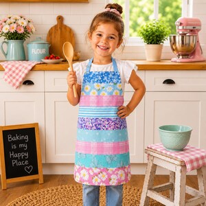 Girls Patchwork Floral Apron – Handmade Cotton Baking Kids Sizes 2-5