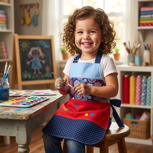 Puede incluir: Un niño con un delantal colorido sonríe y sostiene un pincel. El delantal es azul, rojo y estampado. Una pizarra con un dibujo y materiales de arte están sobre una mesa. Estanterías en el fondo están llenas de materiales de arte.