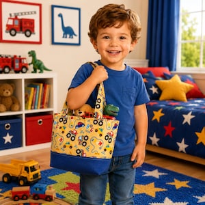 May include: A yellow tote bag with a blue base and handles, filled with toys. The bag features a colorful pattern of cars, trucks, and road signs. The boy is wearing a blue t-shirt and jeans.
