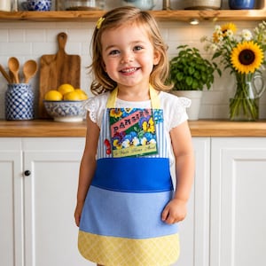 May include: A young child wearing a colorful apron with the word "Pansies" and floral illustrations. The apron has a blue waistband, a light blue lower section, and a yellow checkered hem. The child is smiling.