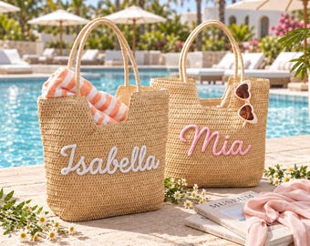 Sac de plage personnalisé en filet, grand sac de plage avec nom, sac de voyage imperméable, cadeau pour demoiselle d'honneur, sac de piscine, sac de vacances