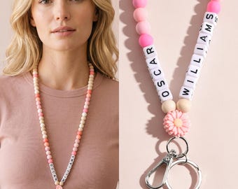 Personalized Wooden Beaded ID Lanyard for Teachers,Boho Silicone Beaded Lanyard with Tassel,Custom Rainbow Silicone Lanyard  Add Name, Grade