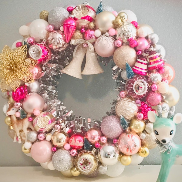 Retro-Inspired Vintage PINK Ornament Wreath Centerpiece "Bells are Ringing": McM SHINY BRITES Indented, Bottlebrush Trees, Reindeer 20"D