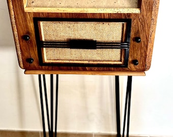 Vintage radio met Bluetooth-luidspreker – Unieke, gerecyclede kast – Handgemaakte houten audioconsole – Kurkdesign – Siare-luidsprekers – Decor in de stijl van de jaren 50