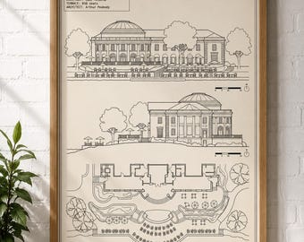 May include: A framed architectural print of the University of Wisconsin Memorial Union featuring two exterior elevations and a site plan. The black line drawing on a cream background includes text details, scale bars, and coordinates for the building.