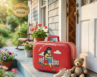 Walizka dziecięca z winylu w stylu vintage "Going to the Grandma's Red", pudełko na zabawki z połowy XX wieku