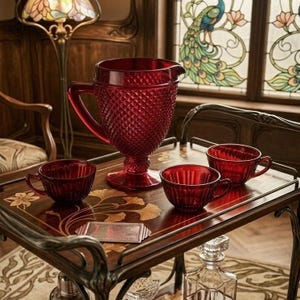 Juego de cristal rojo rubí vintage: tazas de café antiguas y jarra Diamond Point, decoración navideña