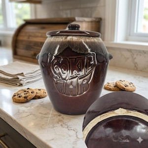 Barattolo per biscotti/pentola per fagioli vintage McCoy USA Pottery con smalto a goccia marrone e coperchio - scheggiato