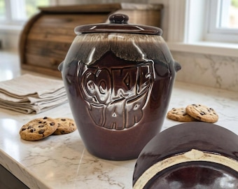 Tarro para galletas con tapa de cerámica vintage McCoy USA, con esmalte marrón por goteo - Desconchado
