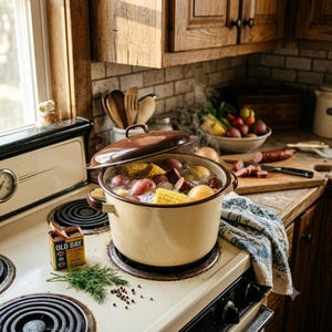 May include: A cream-coloured enamel stockpot with a brown rim and lid sits on a hob, filled with boiling water, corn on the cob, red potatoes, onions, and sausage. A small yellow tin of Old Bay Seasoning and fresh dill sit on the stove surface.