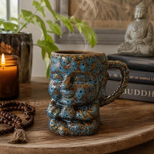 May include: A ceramic mug shaped like a meditating figure with a textured, mottled glaze in shades of deep blue and earthy brown. The mug features a handle with a beaded design and steam rising from the top, showcasing a detailed facial expression.