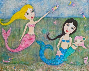 Playful Mermaids Art Print of Original Painting