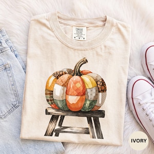 Comfort Colors® Faux Patchwork Pumpkin T-Shirt, Faux Embroidered Pumpkin Shirt, Vintage Cottagecore Coquette Pumpkin Patch Shirt, DTG Print