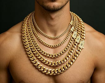 14K Gold Plated Stainless Steel Cuban Miami Chain Necklaces for Men Bling S Logo Cubic Zirconia 6-14mm Curb Link Bracelet Hip Hop Jewelry
