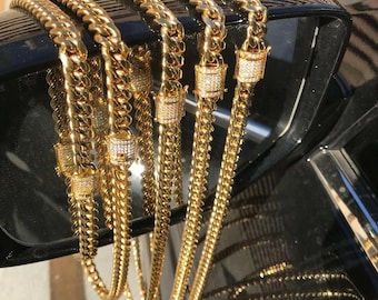 14k Vergoldeter Edelstahl Miami Cuban Chain Halskette oder Armband Curb Link mit CZ Verschluss