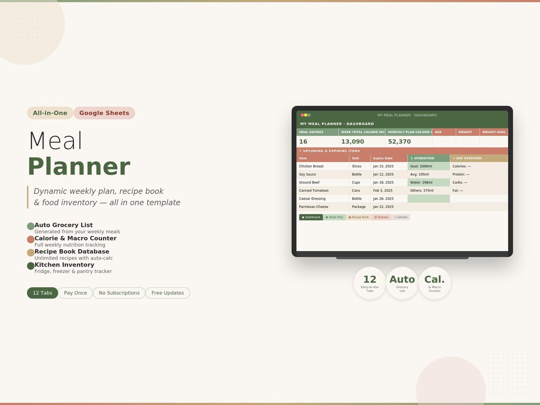 Google Sheets Meal Planner | Weekly Menu, Grocery List, Calorie Counter ...