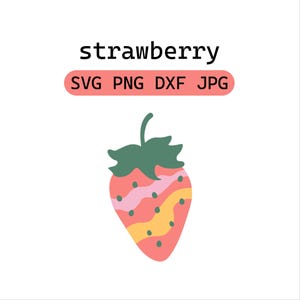 May include: A digital graphic of a strawberry featuring wavy horizontal stripes in shades of pink, orange, and yellow with small green dots. Above the strawberry, the text reads strawberry, followed by a salmon-colored bar with SVG PNG DXF JPG.