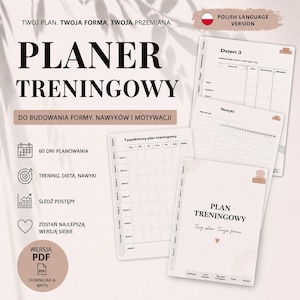 Może przedstawiać: Plan treningowy z napisem "PLANER TRENINGOWY" w dużych czarnych literach. Planer zawiera sekcje do śledzenia postępów, diety, nawyków i 60 dni planowania. Projekt jest w neutralnych tonacjach z opcją pobrania PDF.