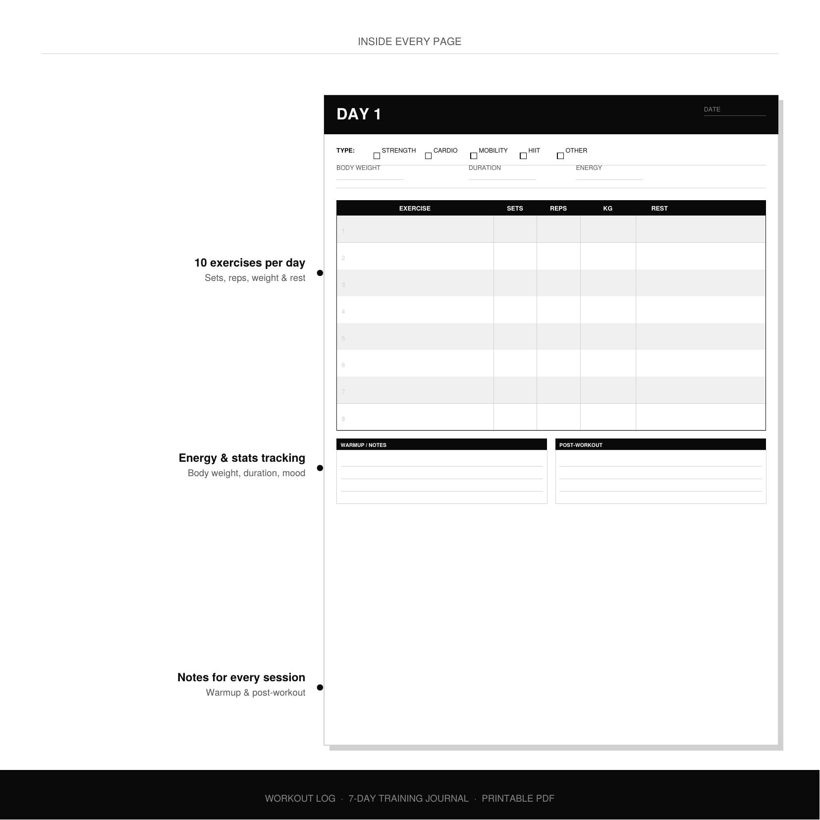 Workout Log Printable PDF | 7-day Gym Training Journal | Exercise ...