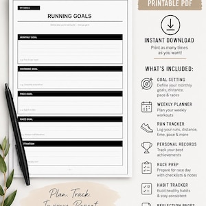Może przedstawiać: Plan treningowy dla biegaczy z tekstem "Runner Training Planner". Plan zawiera sekcje na cele, tracker biegowy i plan tygodniowy. Projekt jest czarno-biały z beżowym akcentem.