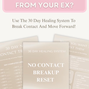 May include: A set of three beige cards with text. The top card reads "TRYING TO MOVE ON FROM YOUR EX?" The middle card says "NO CONTACT BREAKUP RESET". The bottom card has a list of actions.