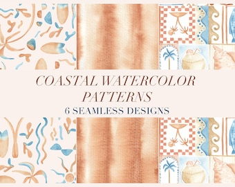 Coastal Watercolour Seamless Patterns, Tropical Surf Bundle, Ocean Repeat Prints