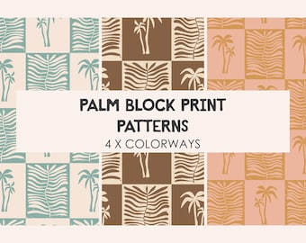 Palm Block Print Seamless Pattern Bundle, Coastal Textile Design (Digital Download)