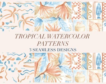 Tropical Watercolour Seamless Patterns, Surf Bundle, Ocean Repeat Prints