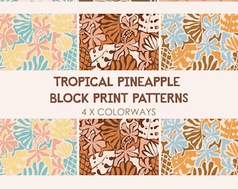 Retro Tropical Pineapple Seamless Pattern Bundle | Block Print Hawaiian Floral Fabric Design | 4 Colorways