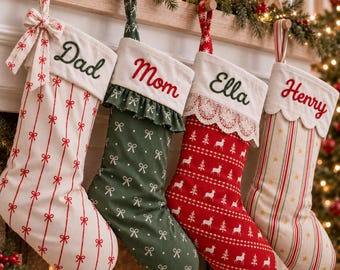 Personalized Christmas Stocking with Name Embroidery, Family Christmas Stockings, Bow, Ruffle Cuff and Lace Options
