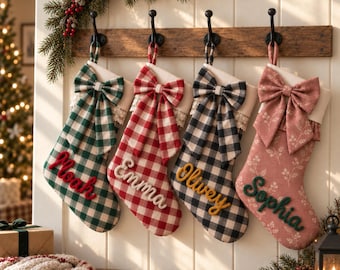 Personalized Christmas Stockings 2026, Hand Embroidered Name Stocking, Custom Family Holiday Decor, Plaid Ruffle Christmas Keepsake