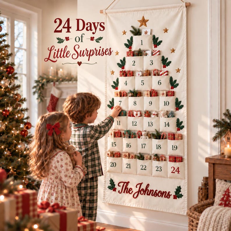 Op de afbeelding: Een cr&egrave;mekleurige stoffen adventskalender voor aan de muur in de vorm van een kerstboom met 24 genummerde vakjes met kleine cadeautjes. De tekst 24 Days of Little Surprises en The Johnsons is op de stof geborduurd met groene hulstaccenten.