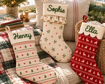 Embroidered Name Christmas Stocking, Personalized Family Matching Stocking, Linen Farmhouse Fireplace Mantel Holiday Decor Christmas Gift