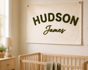 Personalized Baby Name Flag, Hand Embroidered Name Pennant, Custom Name Banner, Nursery Name Sign, Baby Room Wall Decor, Canvas Flag