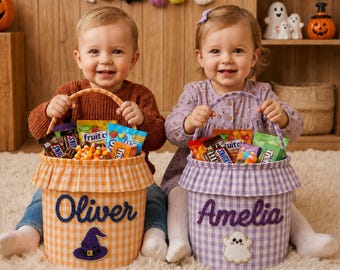 Personalized First Halloween Basket, Custom Name Baby Halloween Gift, Handmade Embroidered Candy Bucket, Toddler Trick or Treat Basket