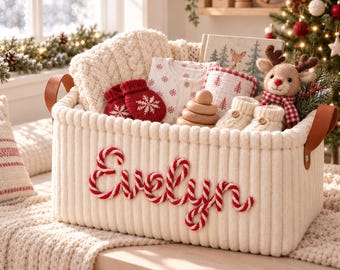 Personalized Christmas Basket with Name, Custom Embroidered Holiday Storage Basket, Christmas Eve Gift Organizer, Kids Christmas Keepsake
